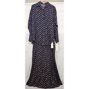 Vtg Heirlooms Womens Maxi Skirt & Blouse 2-Piece Navy Blue Modest Old Money NWT